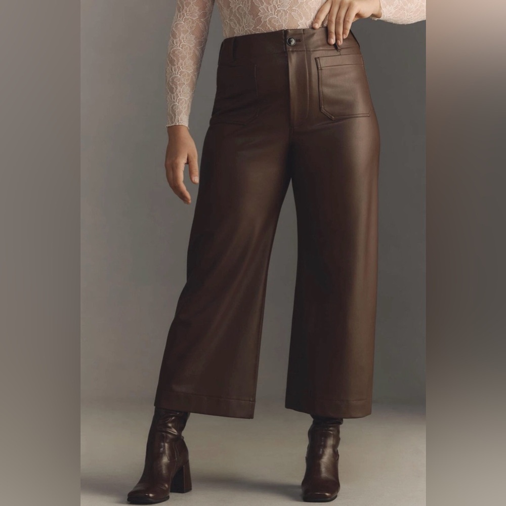 Maeve by Anthropologie The Colette Chocolate Brown Faux Vegan Leather Pants Wide